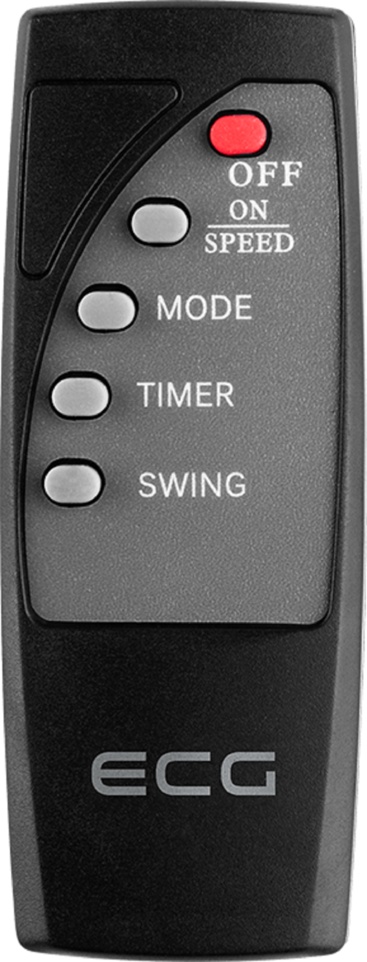 Czarny pilot z przyciskami: OFF, ON, SPEED, MODE, TIMER i SWING. Marka to ECG.