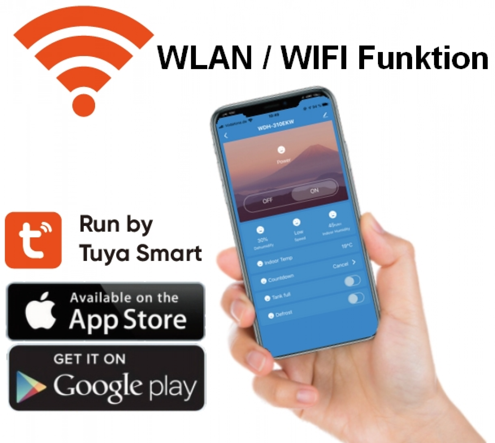 Hand hält Telefon mit App-Bildschirm. Wifi-Symbol, App Store Logos.