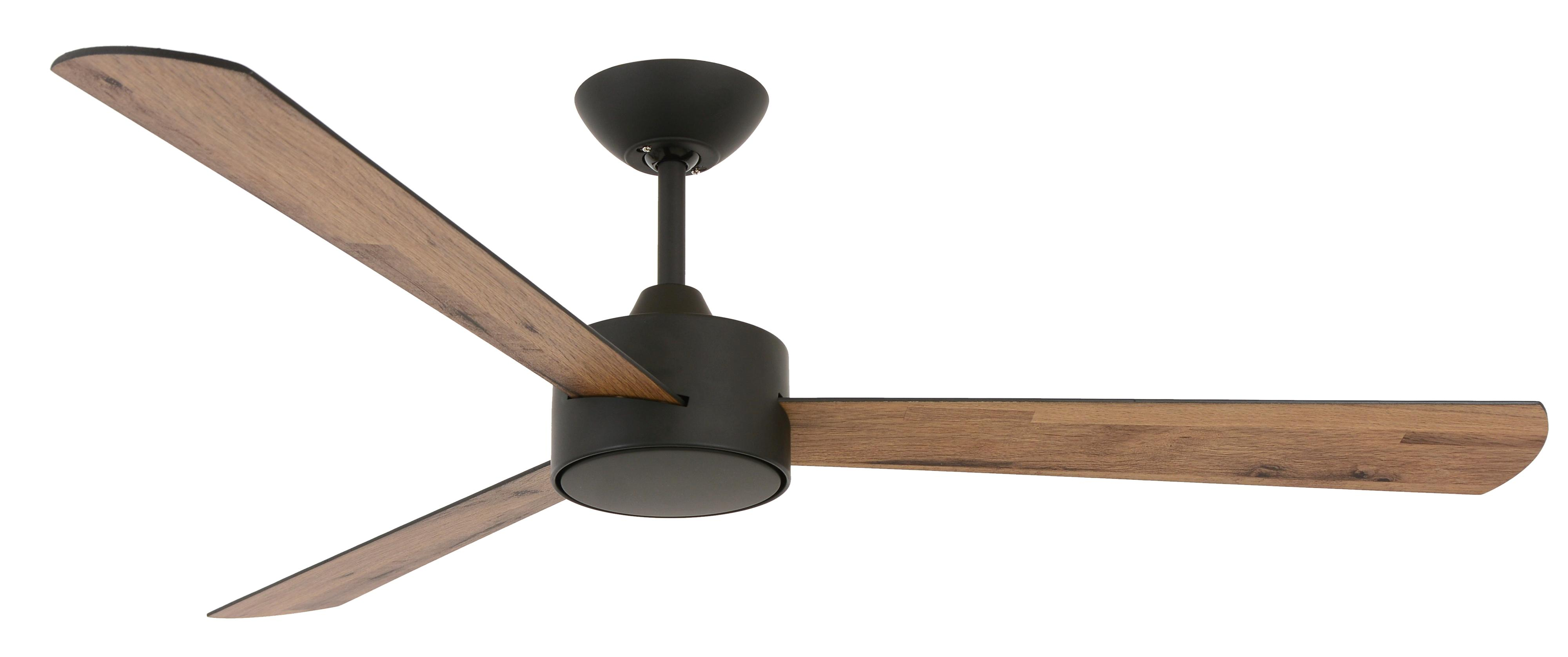 Ventilatore a soffitto con tre pale in legno e motore nero.