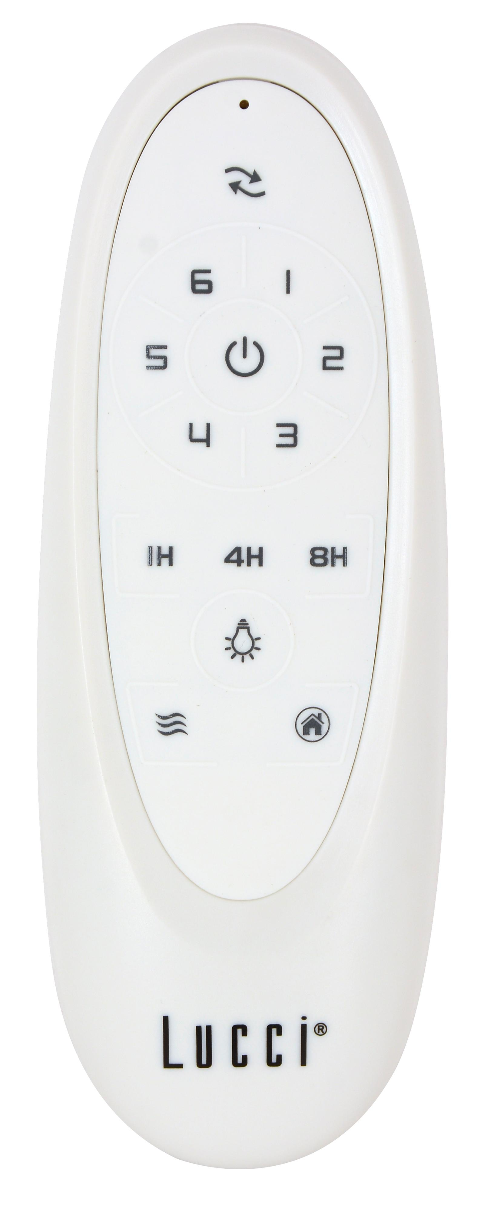 Telecomando bianco con pulsanti 1-6, accensione, luce e casa. Testo nero su bianco.