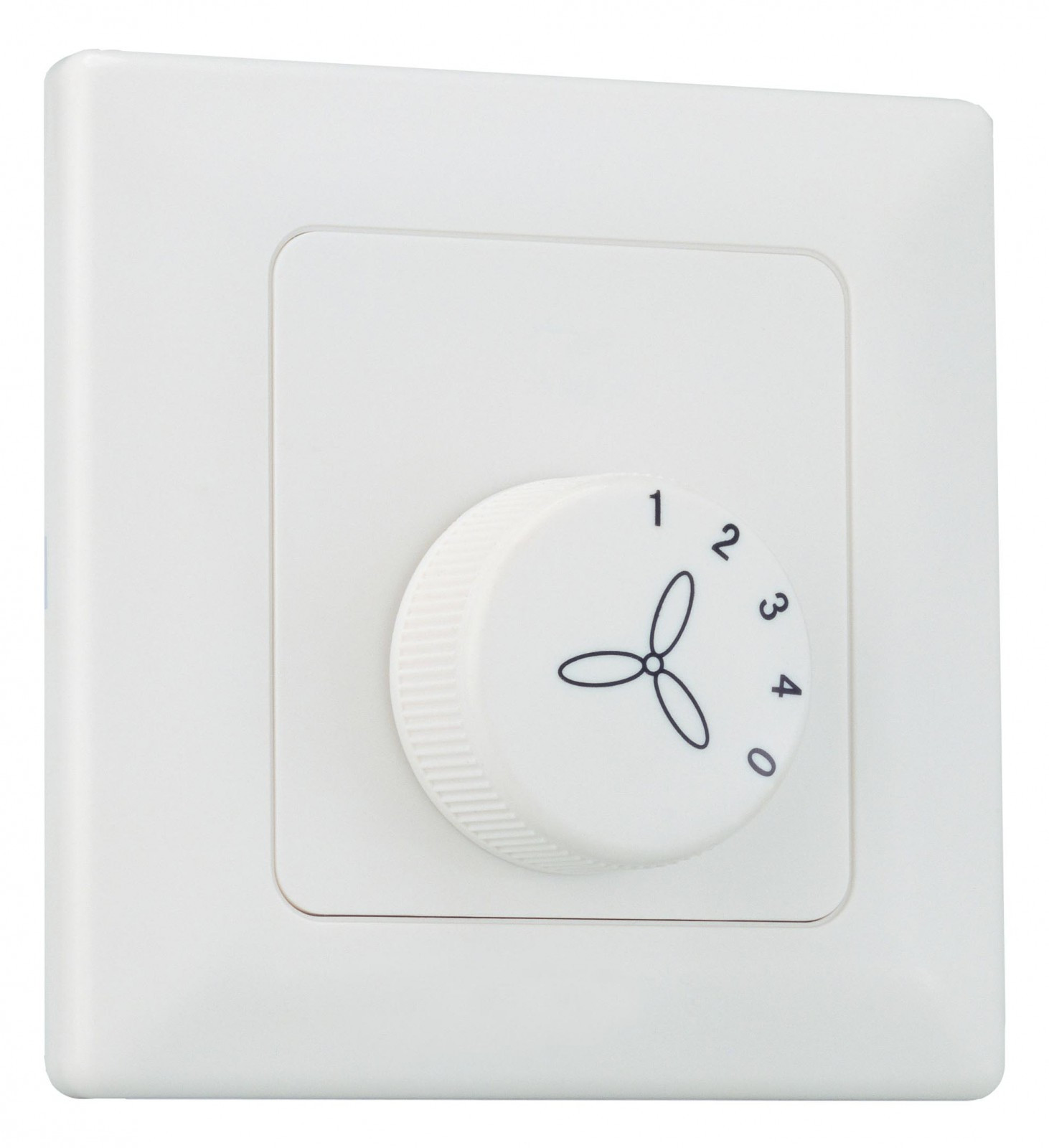 Un controller per ventola bianco con quadrante segnato 0-4 e icona ventola.