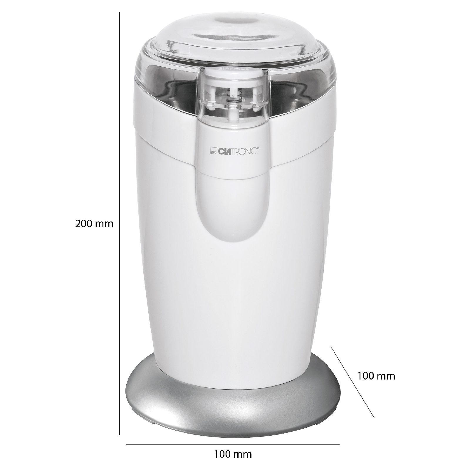 Biały i srebrny elektryczny młynek do kawy o wymiarach 200 mm x 100 mm x 100 mm.