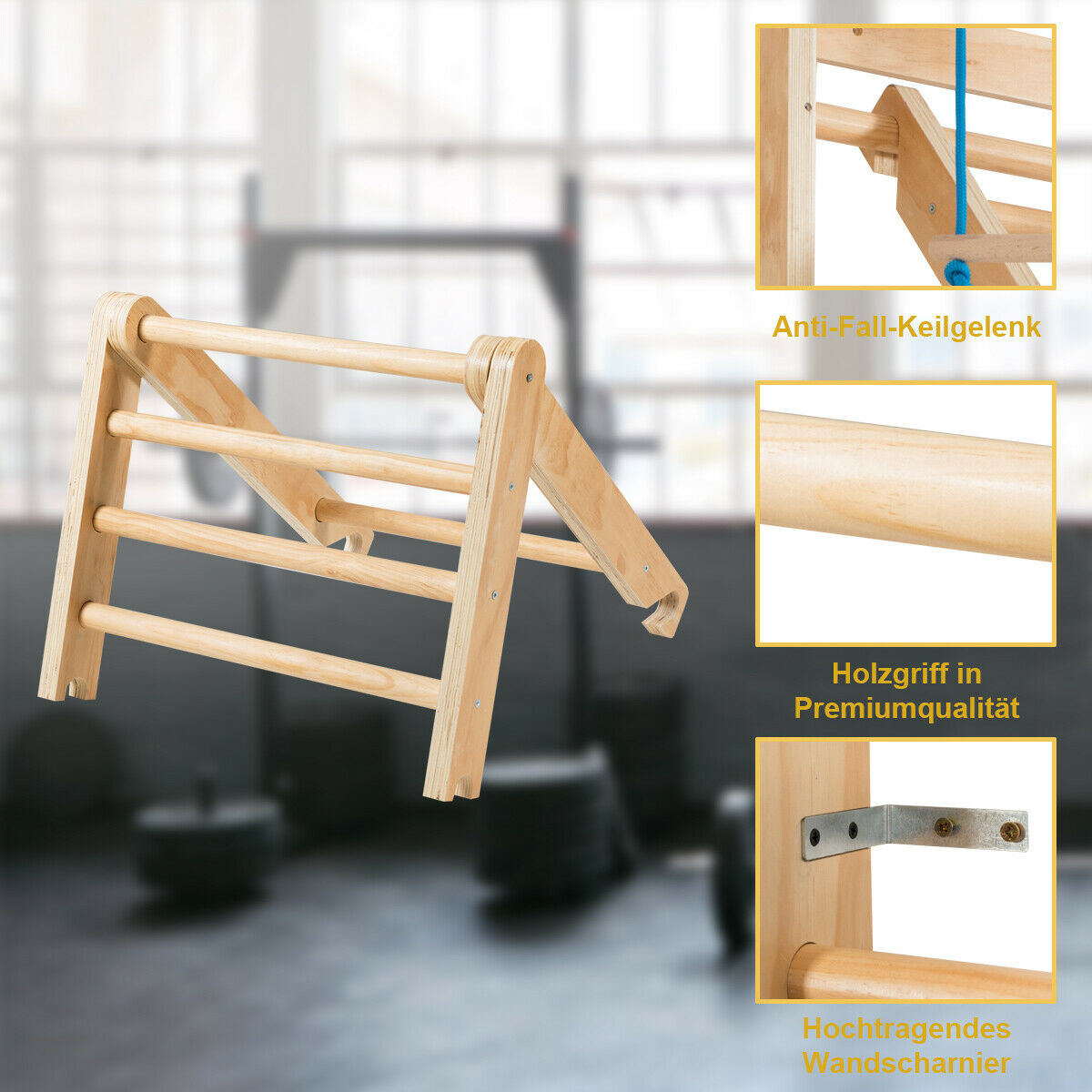Ein Holz-Klettergerüst mit Details zu Gelenken und Merkmalen.