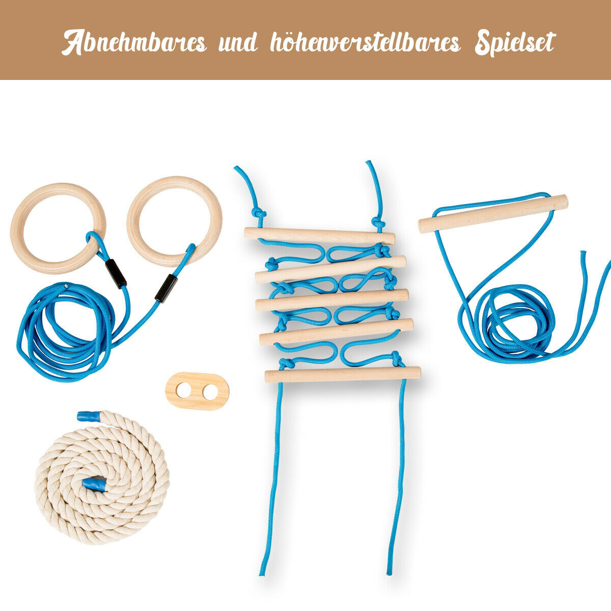 Ein Holzspielset mit Ringen, einer Leiter und einem Kletterseil, vor weißem Hintergrund.