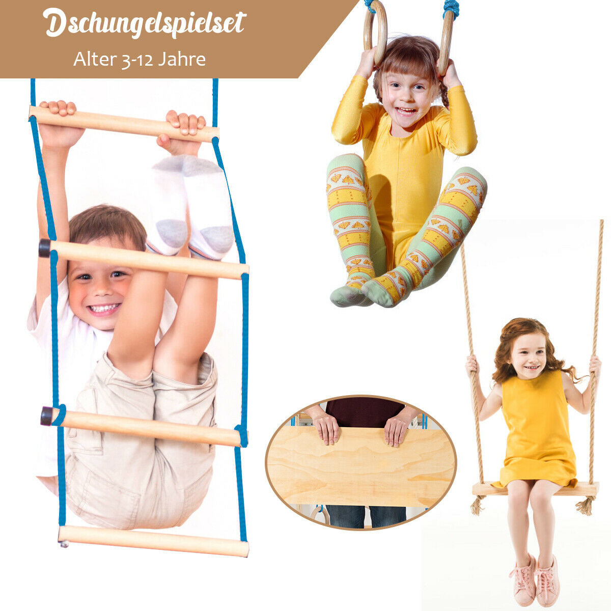 Kinder spielen auf einem hölzernen Klettergerüst. Ein Kind schaukelt. Andere Kinder klettern.