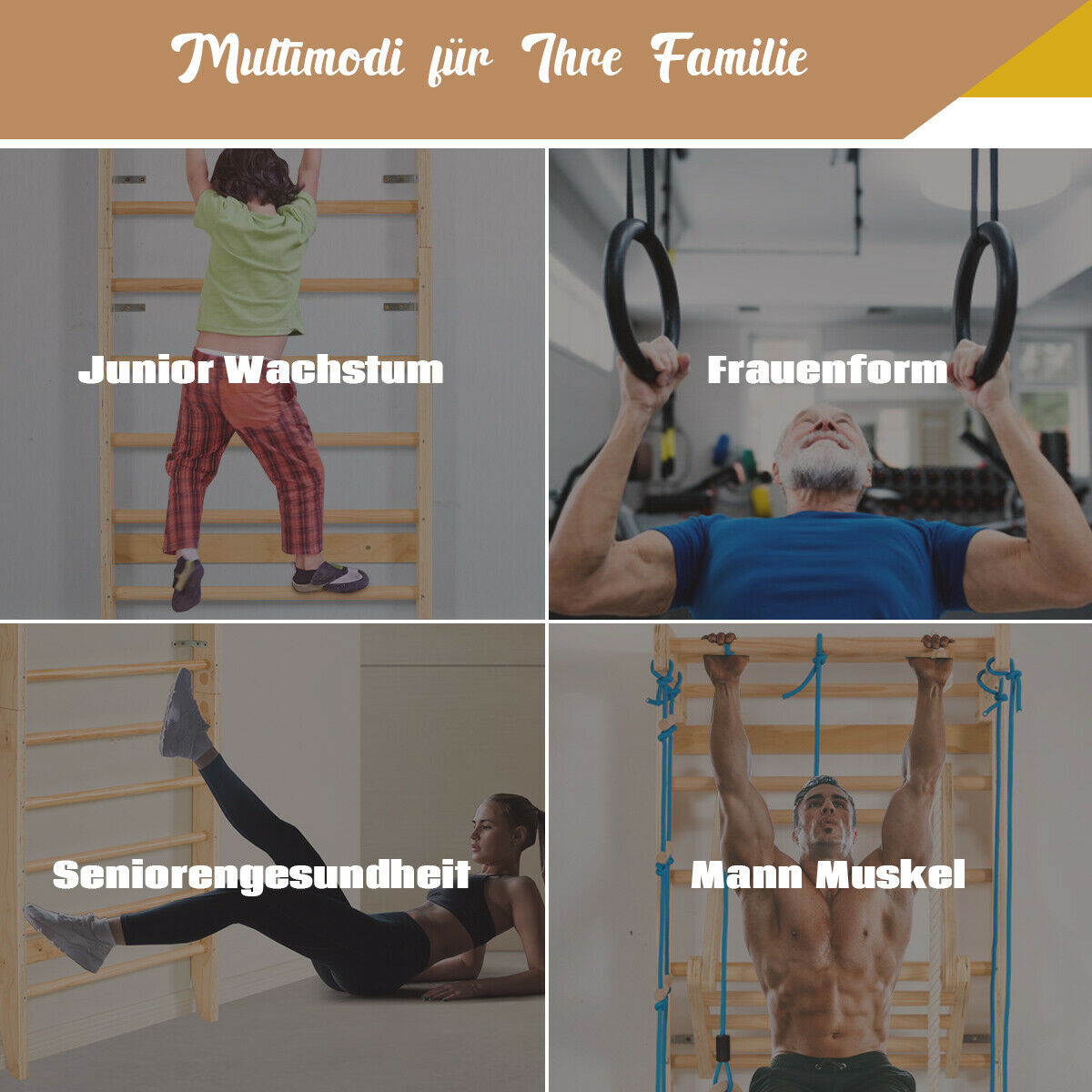 Eine Collage zeigt vier Bilder von Menschen, die eine Sprossenwand auf unterschiedliche Weise für Fitness nutzen.