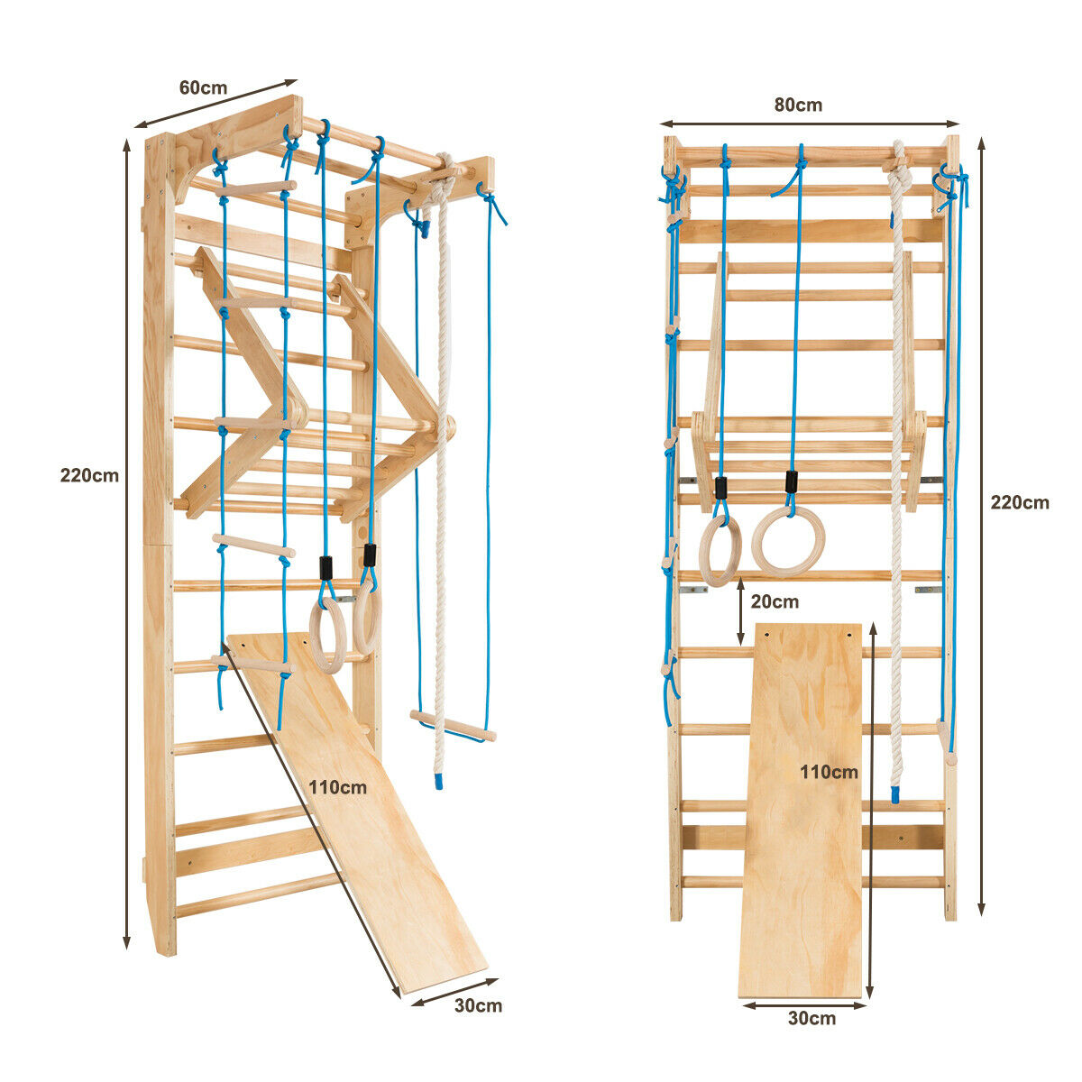 Holz-Klettergerüst mit Abmessungen. Blaue Seile und Ringe. Weißer Hintergrund.