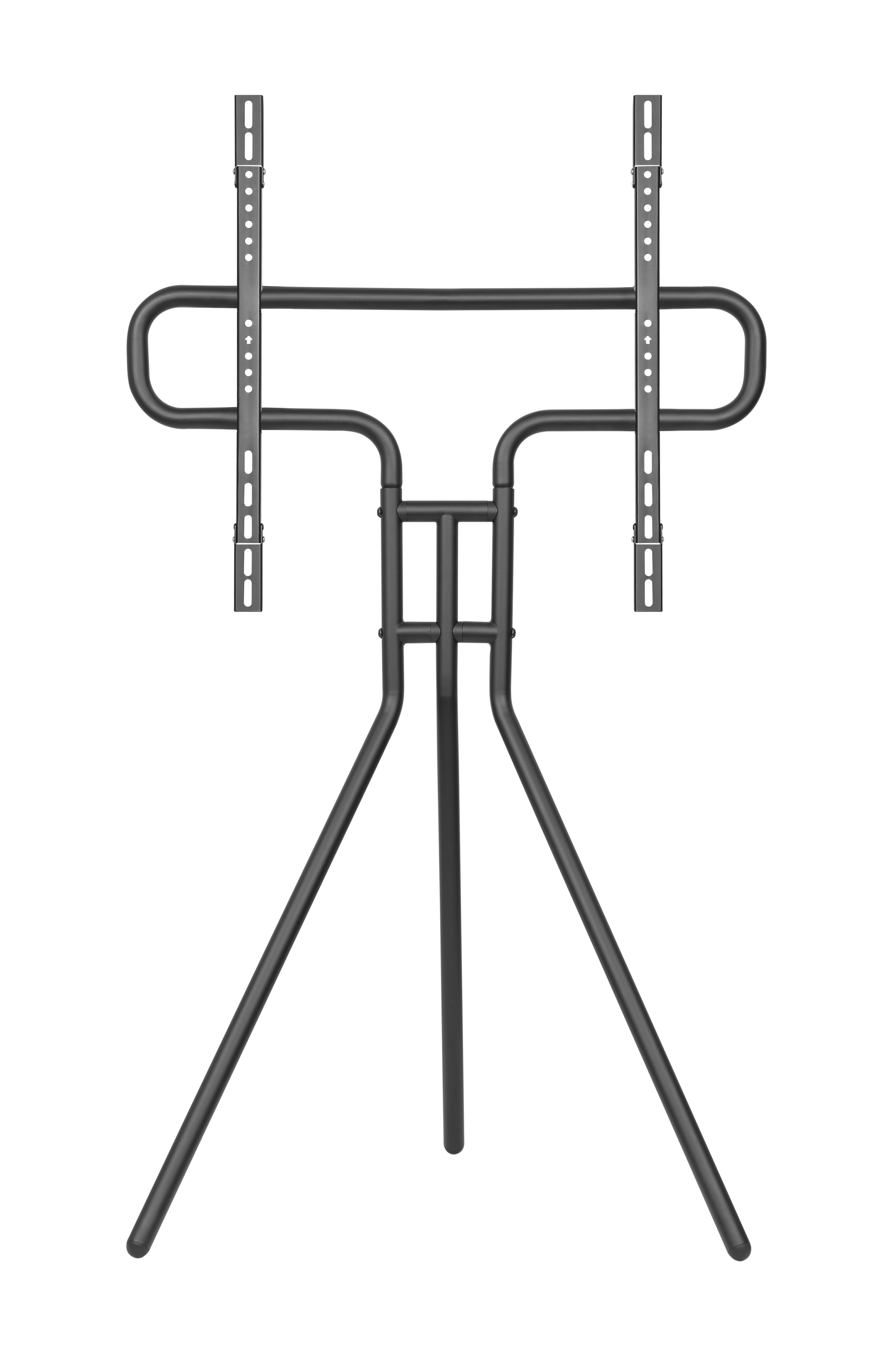 Soporte de TV de metal negro. Tiene tres patas y un marco para el televisor. Fondo blanco.
