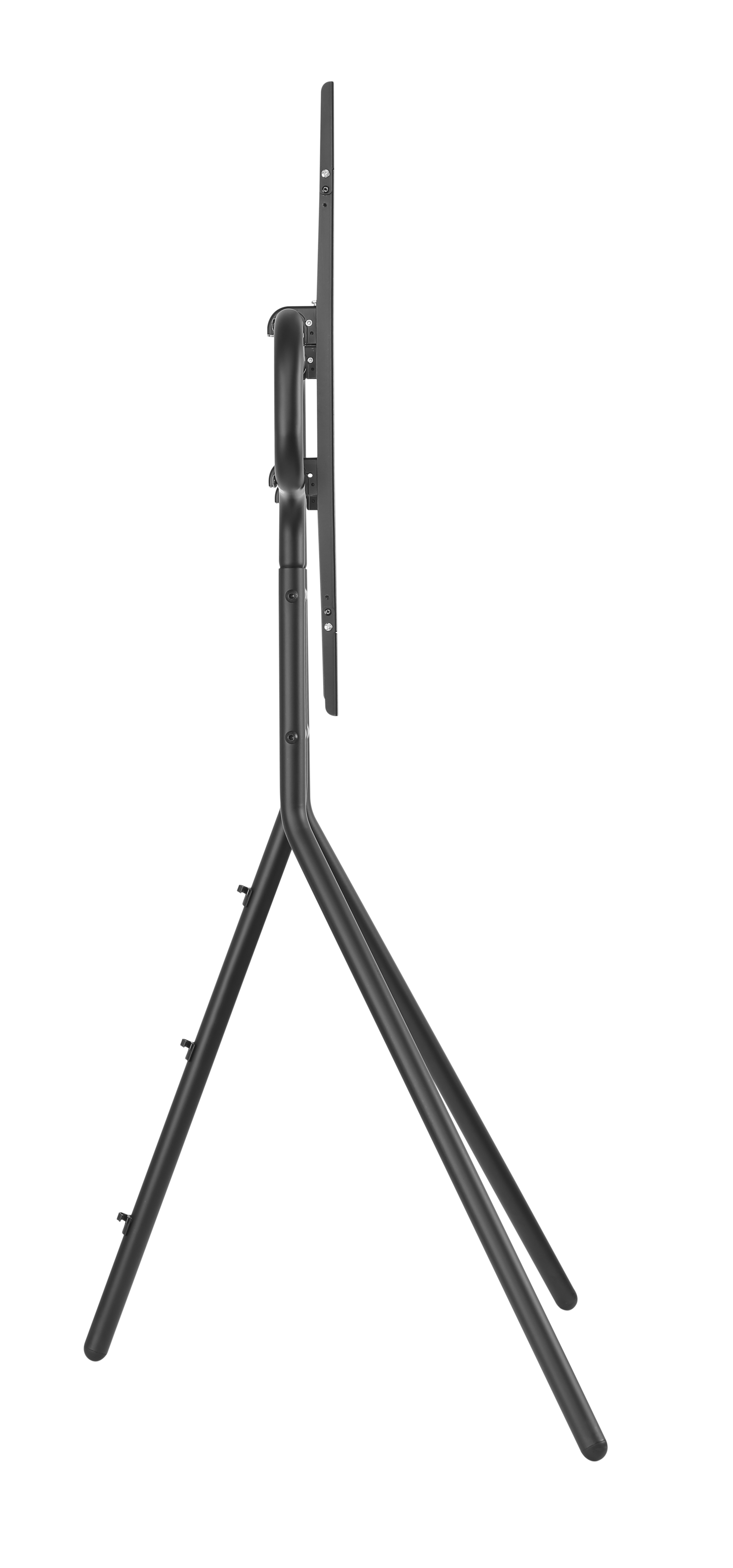 Un soporte de TV negro, independiente, con tres patas y un poste vertical.