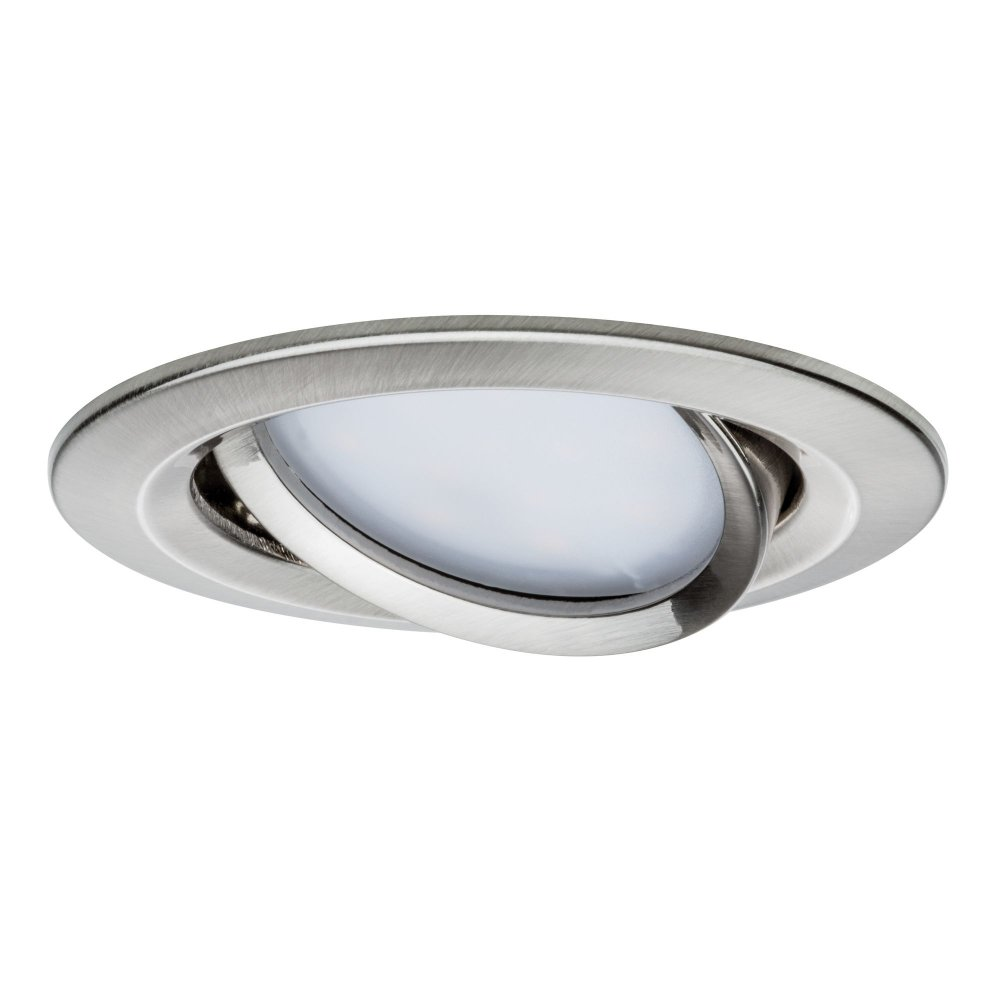 Einbau-Deckenleuchte mit silberfarbenem Rahmen, weißer Lichtquelle und kreisförmigem Design.