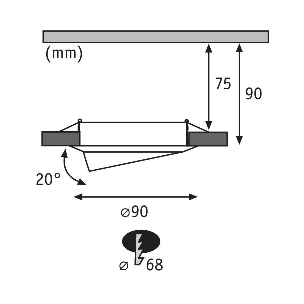 Un diagramma con misure. Mostra un apparecchio di illuminazione, misure di 75 mm e 90 mm. Ha anche un angolo di 20 gradi.