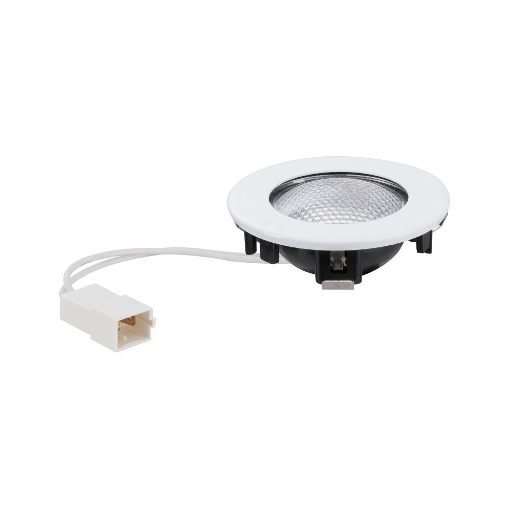 Einbau-LED-Spot weiß mit weißem Kabel und Stecker auf weißem Hintergrund.