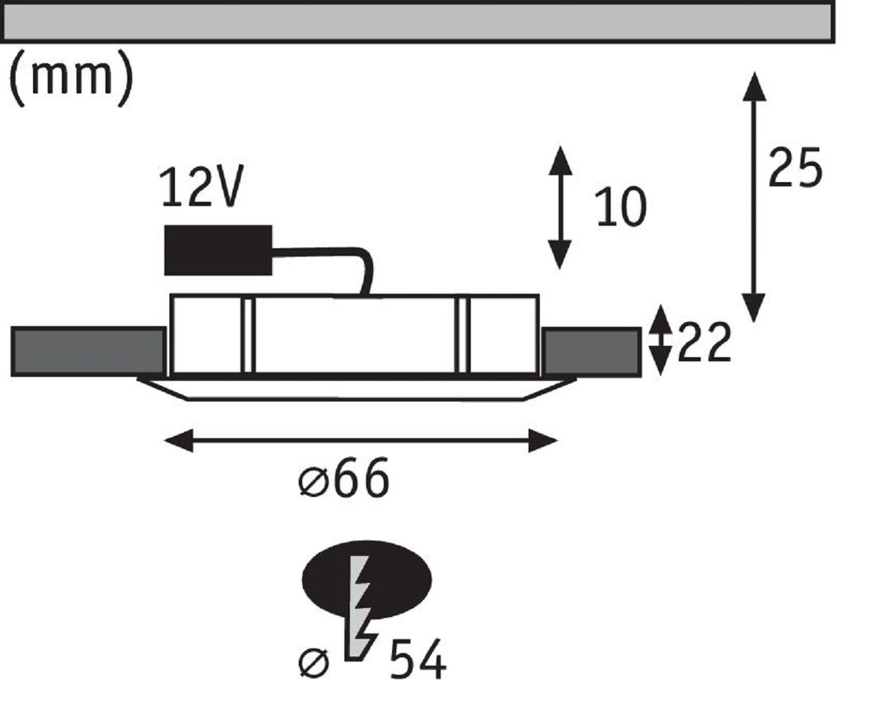 Diagramm mit Abmessungen eines rechteckigen Objekts. Es ist 66 mm lang, 22 mm dick und hat einen Durchmesser von 54 mm.