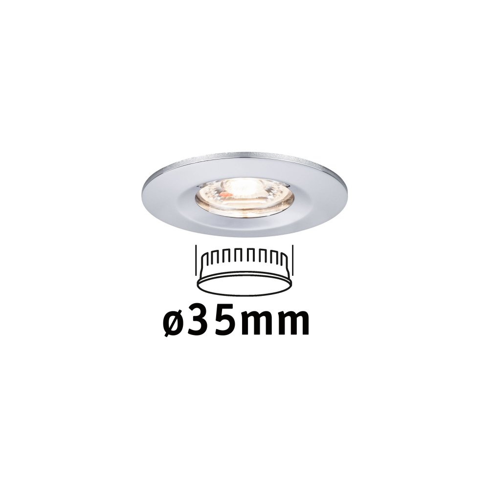 Einbaudeckenleuchte. Rund, weiß, mit zentraler Lichtquelle. Durchmesser von 35 mm angegeben.