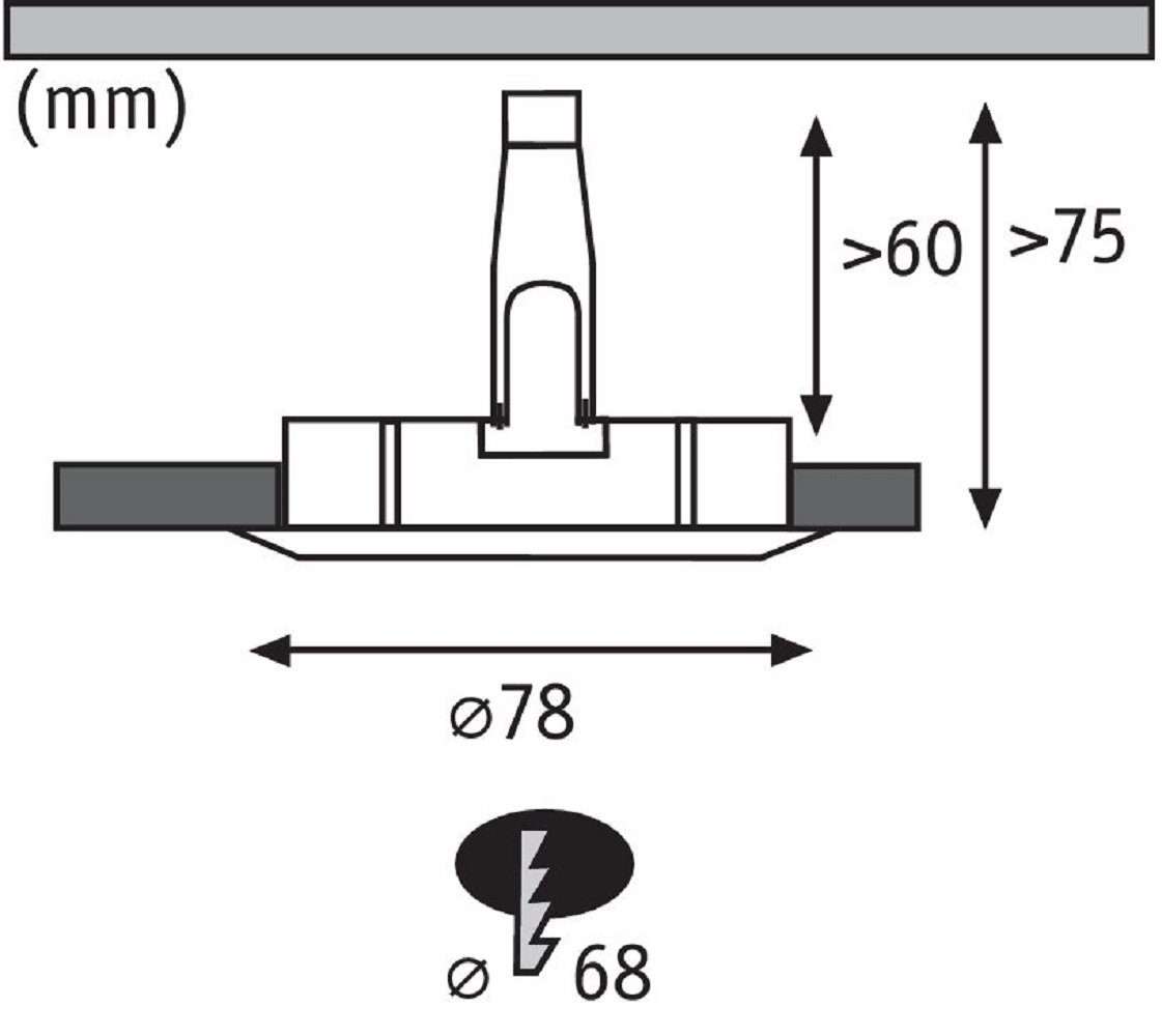 Diagramm einer Leuchte. Zeigt Abmessungen und Ausschnittsgröße.