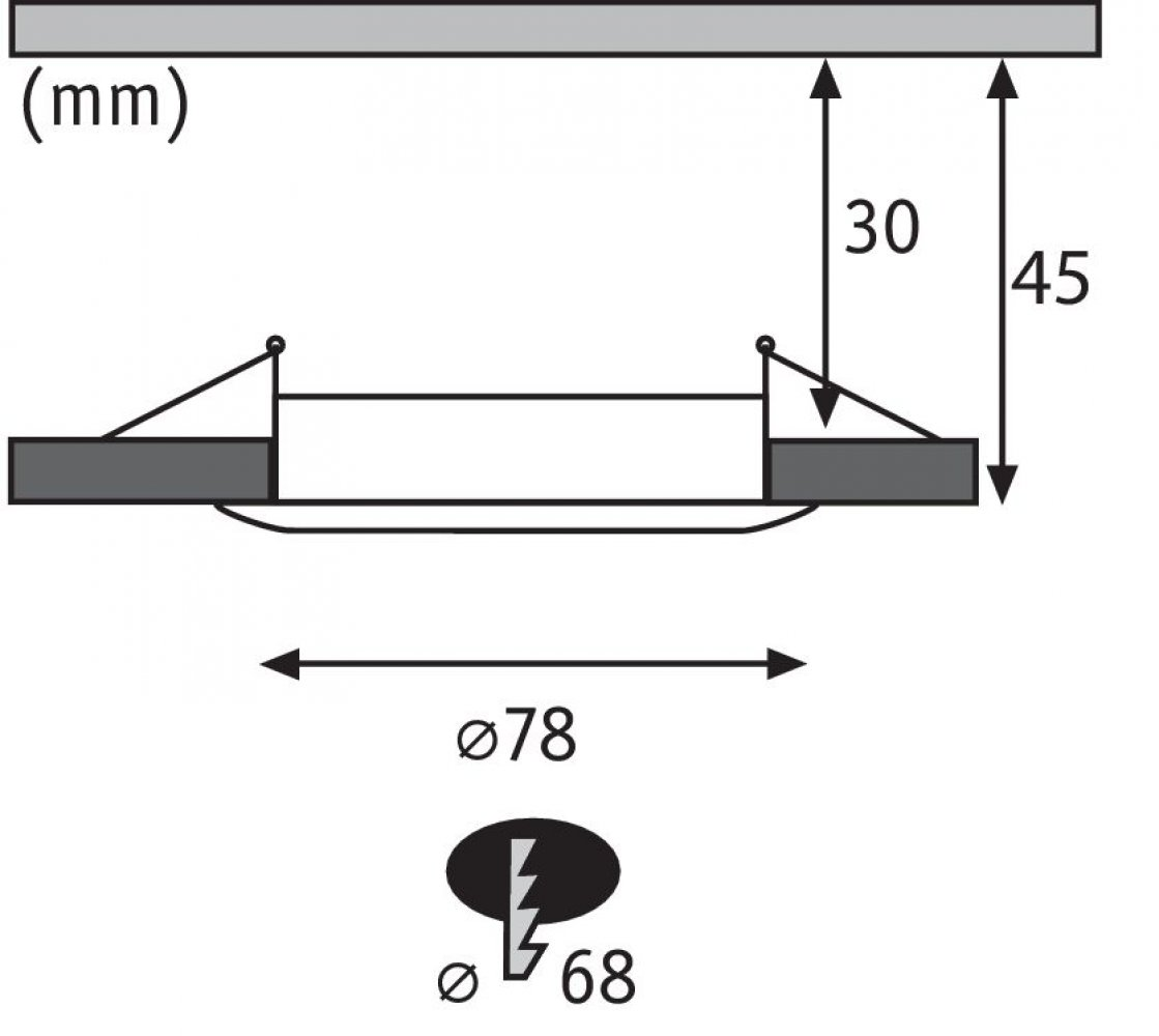 Technische Zeichnung einer Leuchte mit Abmessungen und einem Elektrosymbol.