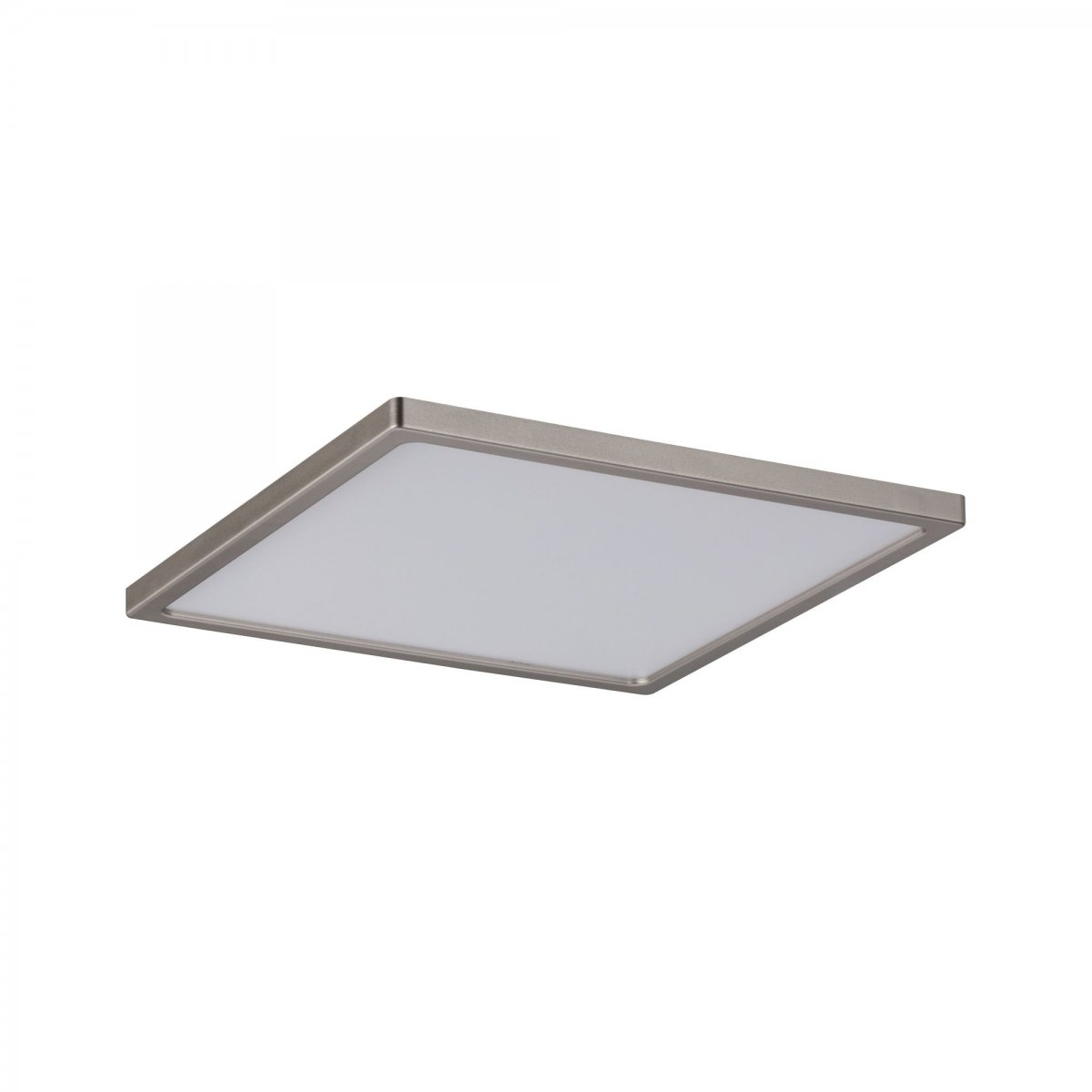 Eine quadratische, eingelassene Deckenleuchte mit silbernem Rahmen. Die Lichtfläche ist weiß, bündig mit dem Rahmen.