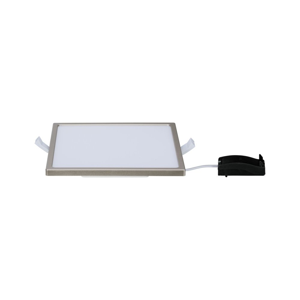 Eine quadratische silberne LED-Panel-Leuchte mit schwarzem Stecker und weißem Licht.