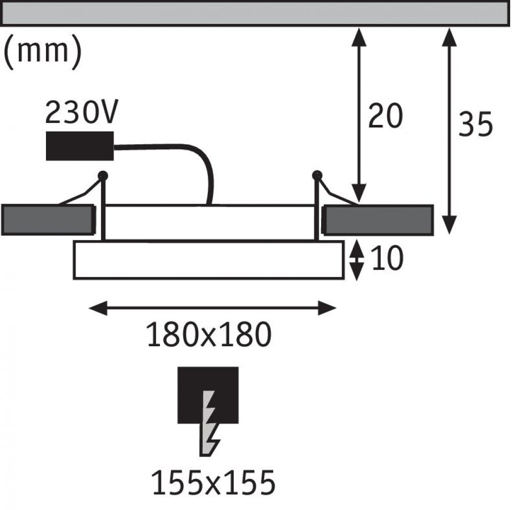 Technische Zeichnung mit mm-Maßen, zeigt rechteckige Basis mit Drähten und einem Stecker.