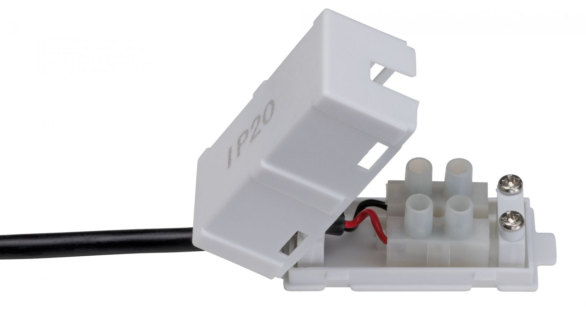 Weißer Elektroverbinder mit Drähten. Der Verbinder ist offen und zeigt Drähte. Schwarzes Kabel erstreckt sich vom Verbinder. Weißer Hgr.
