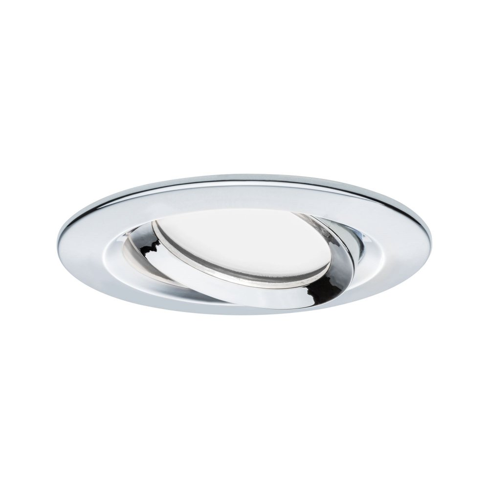 Faretto rotondo cromato. La luce centrale è regolabile nell'anello. Sfondo bianco.