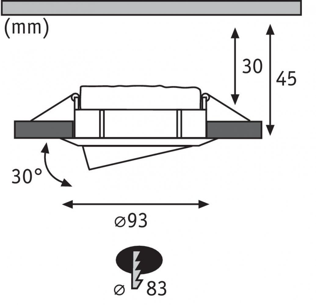 Diagramme montrant les dimensions d'installation d'un luminaire encastré ; comprend des mesures.