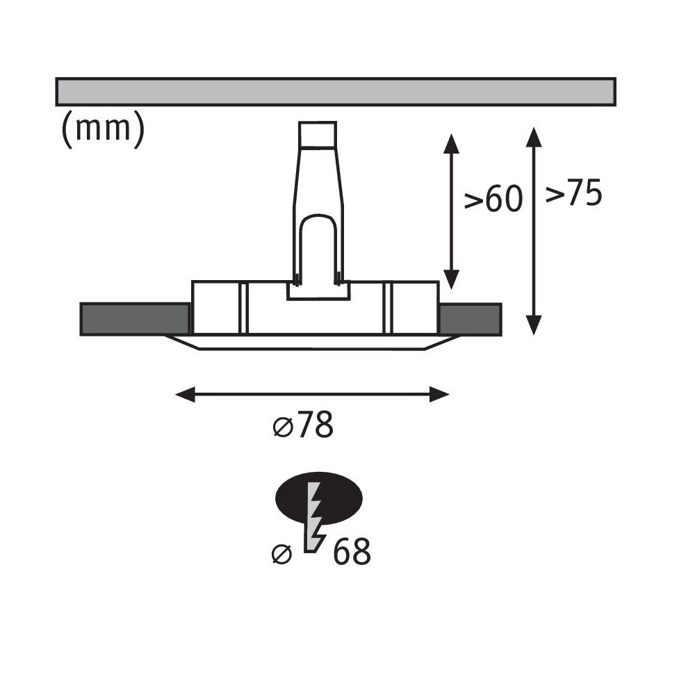 Diagramm einer Deckenleuchte mit Abmessungen und elektrischem Symbol.