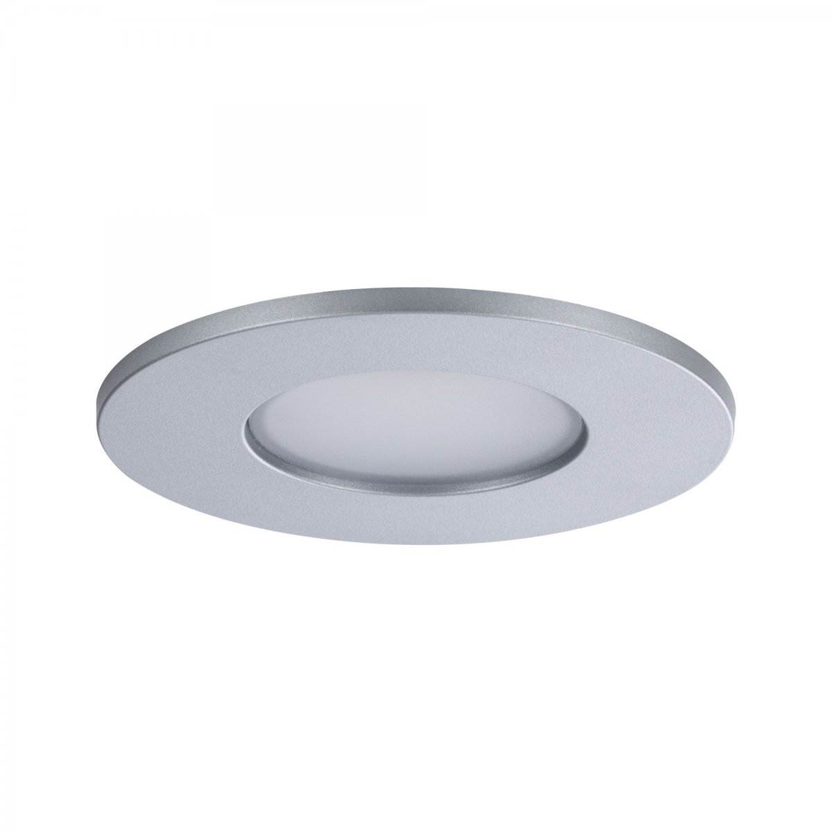 Placca da soffitto argentata, rotonda, con luce bianca all'interno. Sfondo bianco.