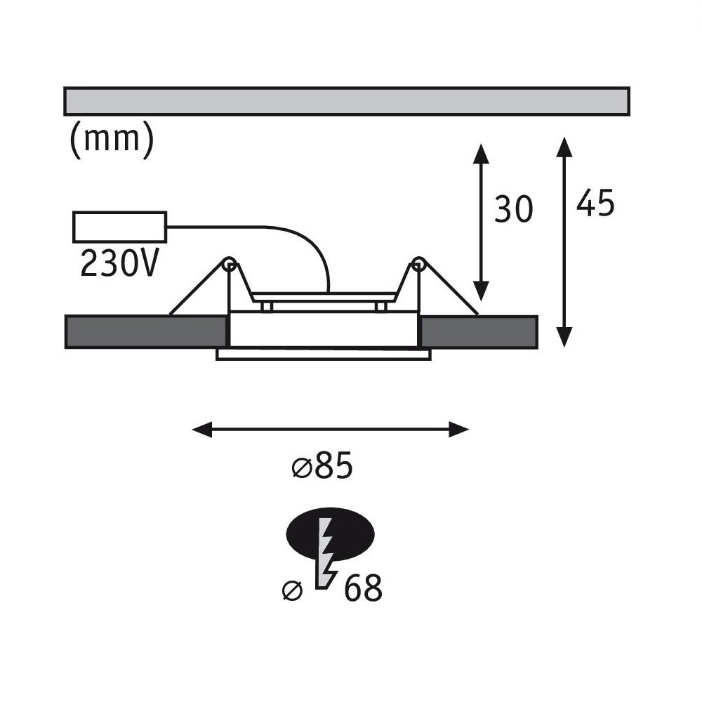 Diagramma di un apparecchio a incasso con dimensioni: diametro 85 mm, altezza 30 mm e 45 mm.