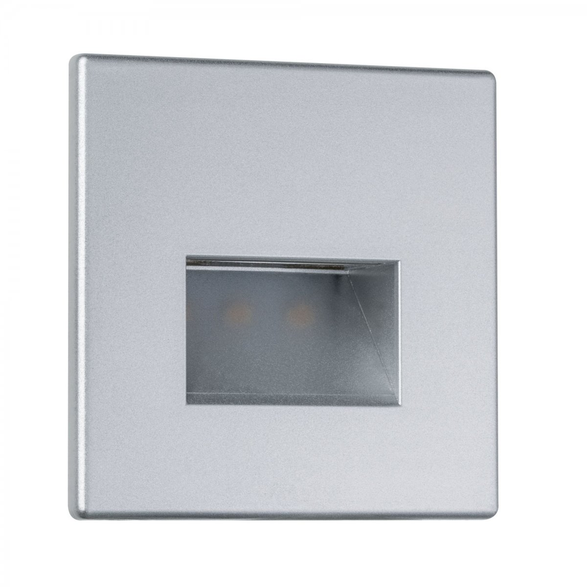 Luminaire carré argenté avec source lumineuse encastrée sur fond blanc.