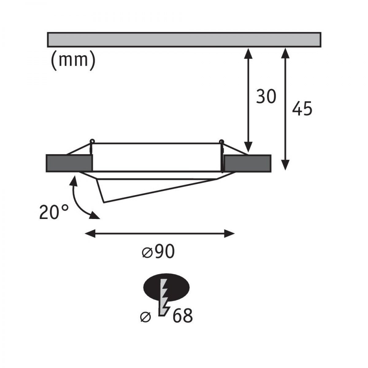 Diagramm mit Maßen. Es hat Abmessungen von 30 mm und 45 mm, mit Winkeln und Durchmessern.
