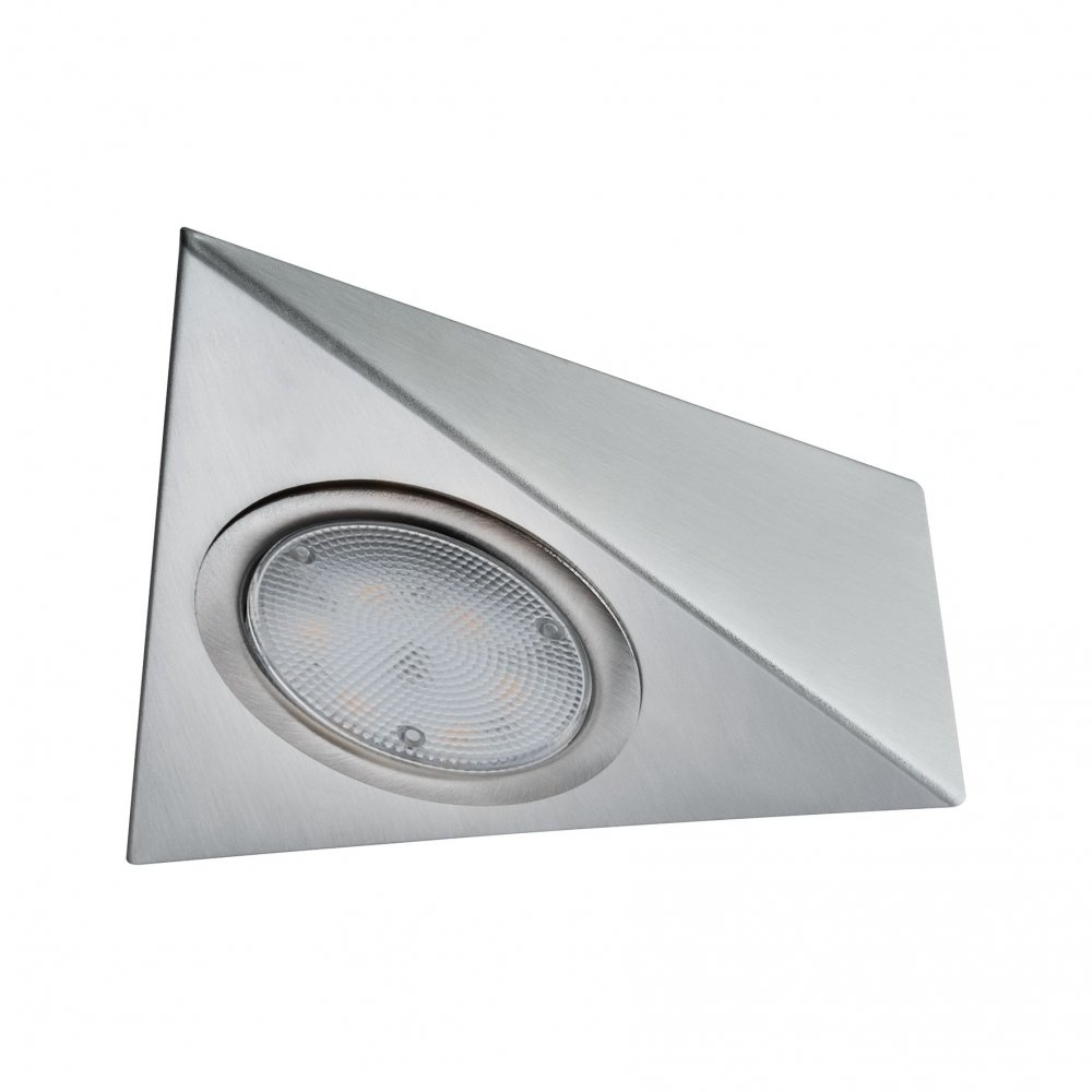 Silberne dreieckige LED-Leuchte mit Licht auf weißer Oberfläche.
