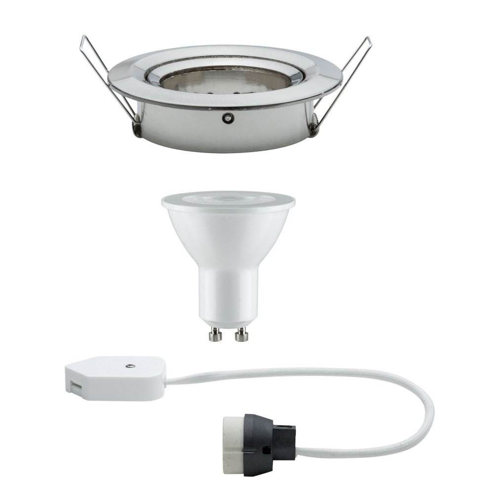 Einbauteile. Enthält einen Metallring, eine weiße Glühbirne und einen weißen Stecker mit grauem Kabel.