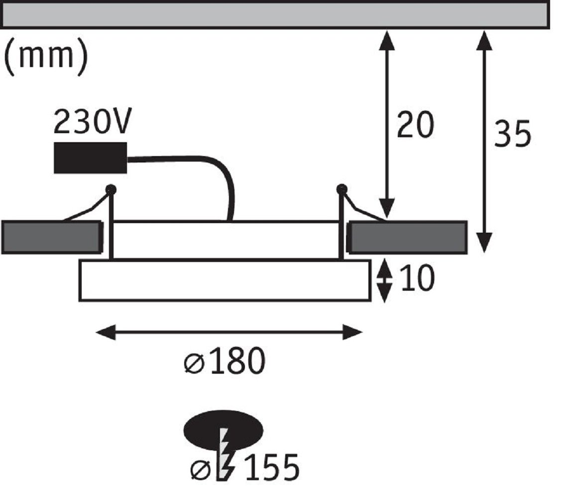 Diagramm einer Einbauleuchte mit Maßen und Schaltplan, zeigt Abmessungen und Spannung.