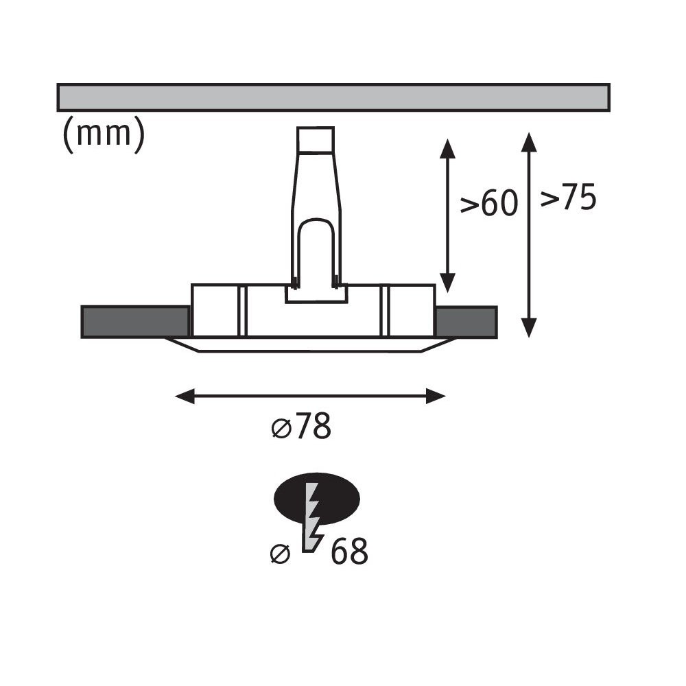 Diagramm einer Einbauleuchte mit Abmessungen und einer ovalen Lichtquelle. Messungen sind angegeben.