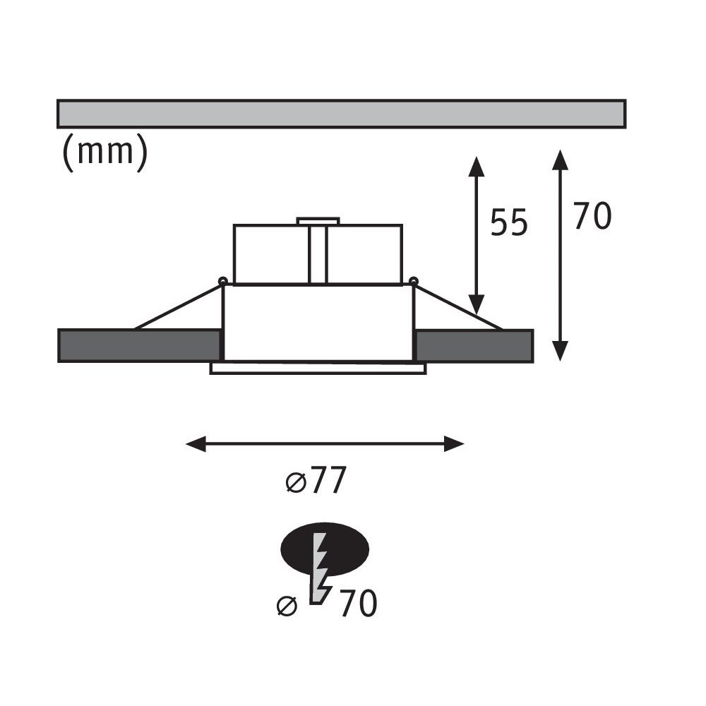 Diagramm mit Abmessungen für eine Einbauleuchte, mit Maßen in Millimetern.