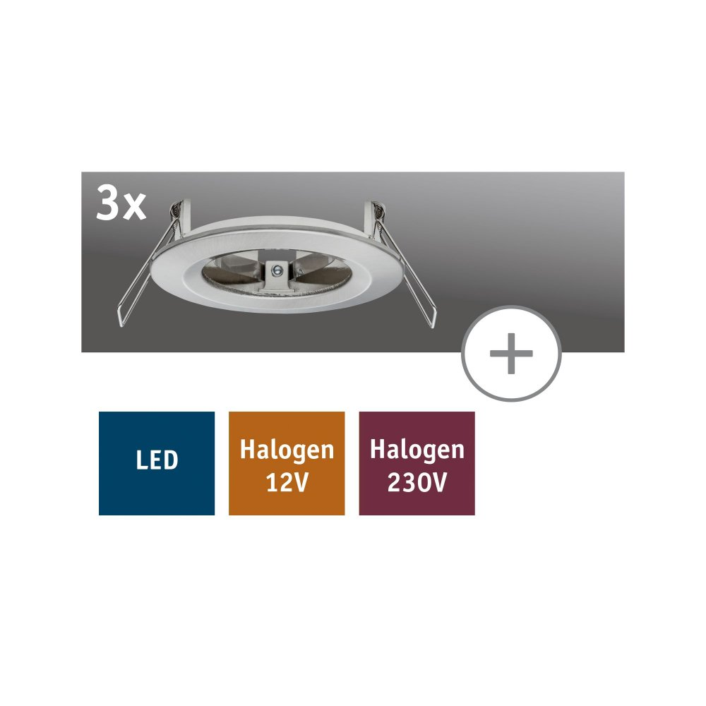 Set aus drei Einbaustrahlern mit Etiketten für LED, Halogen 12V und Halogen 230V. Pluszeichen rechts.