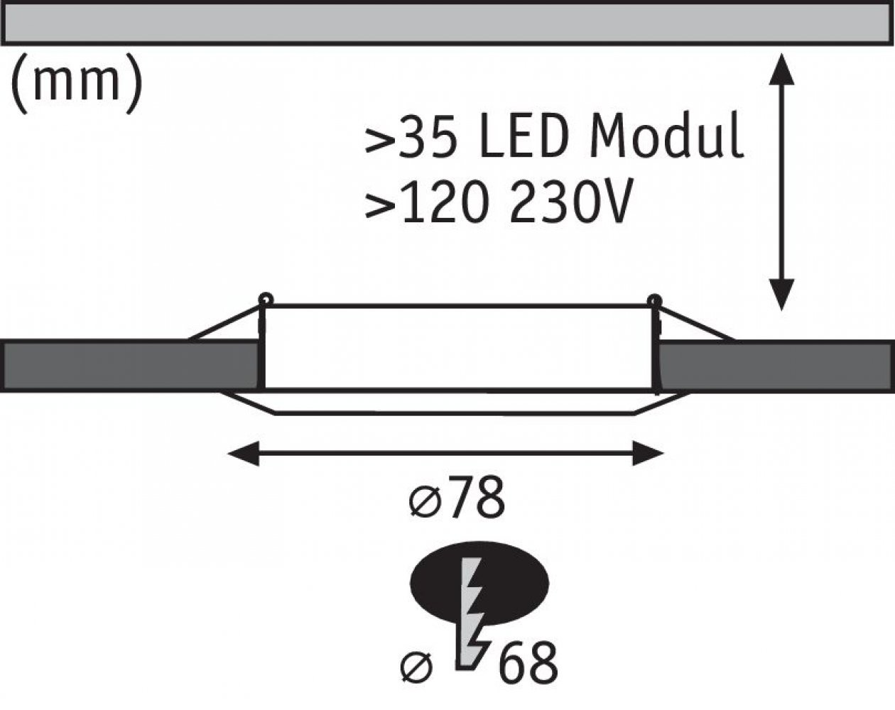Technische Zeichnung mit Abmessungen, LED-Modul und einem Blitzsymbol mit Ø68mm.