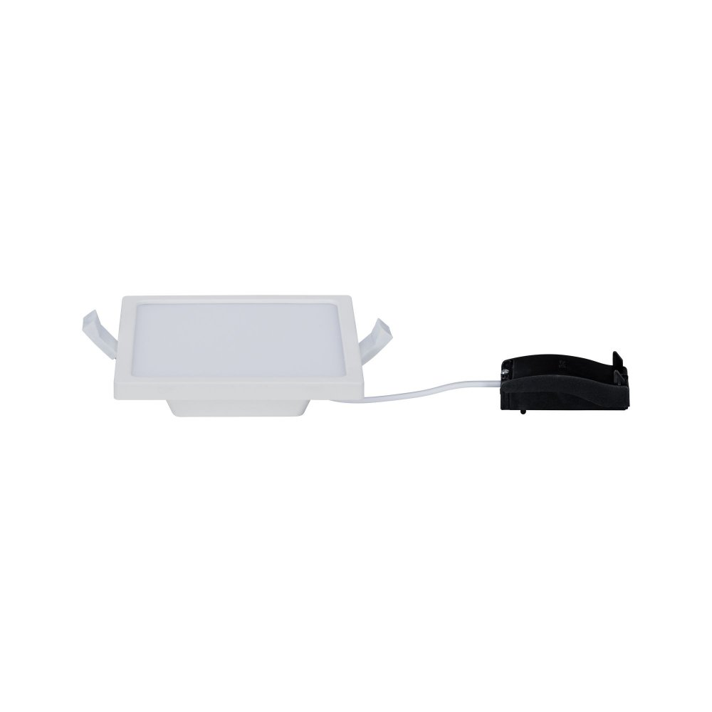 Quadratische weiße LED-Leuchte mit schwarzem Stecker und Kabel. Weißer Hintergrund.