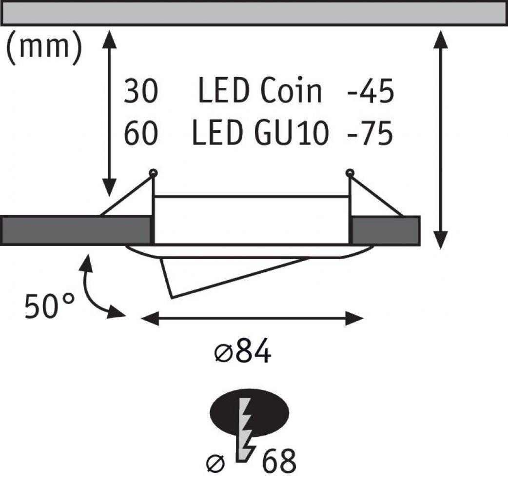 Diagramm einer Leuchte mit Maßen und Winkeln. Enthält Textanmerkungen.