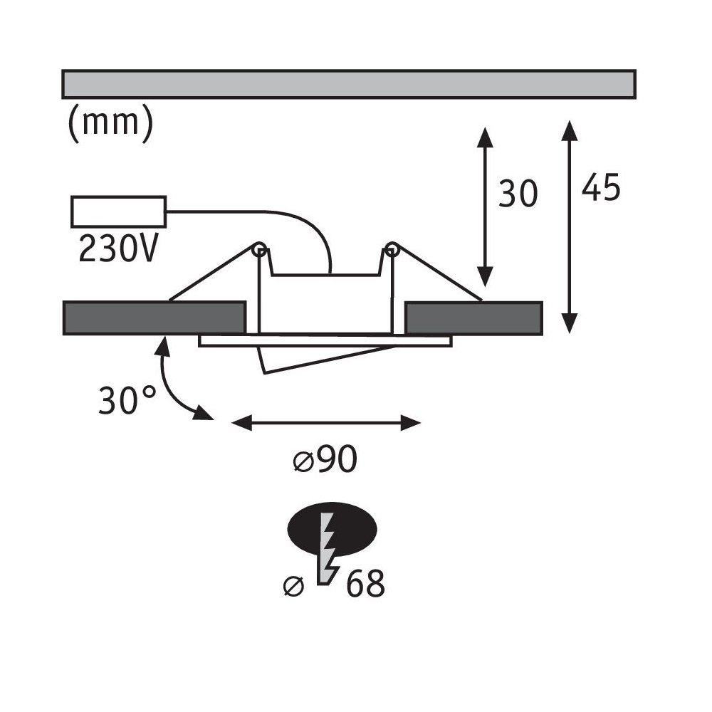Schemat oprawy oświetleniowej wpuszczanej z wymiarami i połączeniami elektrycznymi, na białym tle.