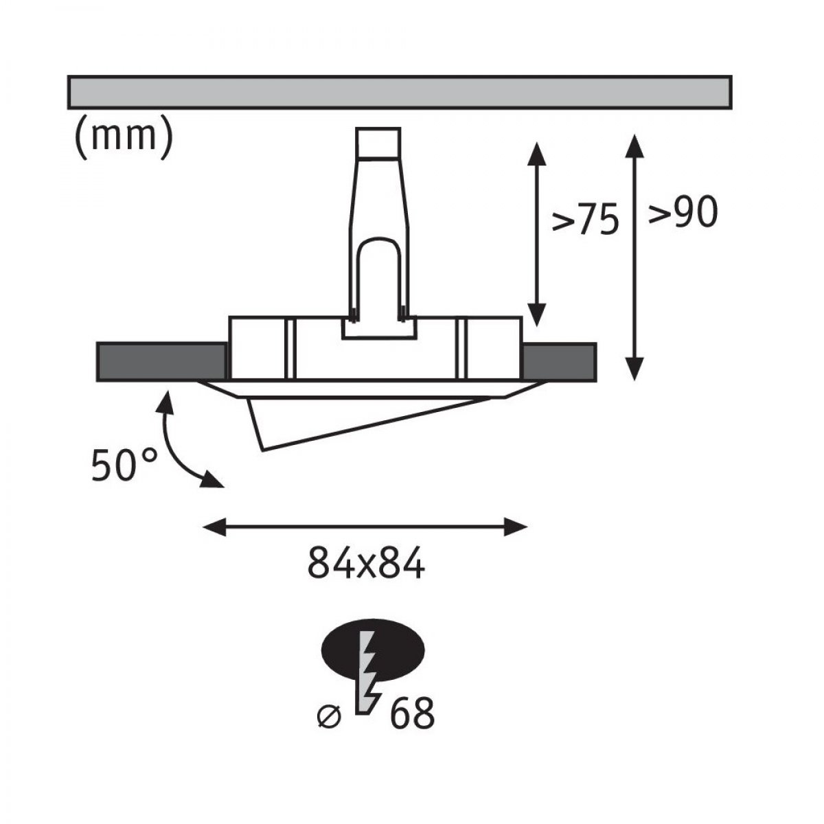 Diagramm einer Einbauleuchte mit Abmessungen und Winkeln, mit einer ovalen Lichtquelle.