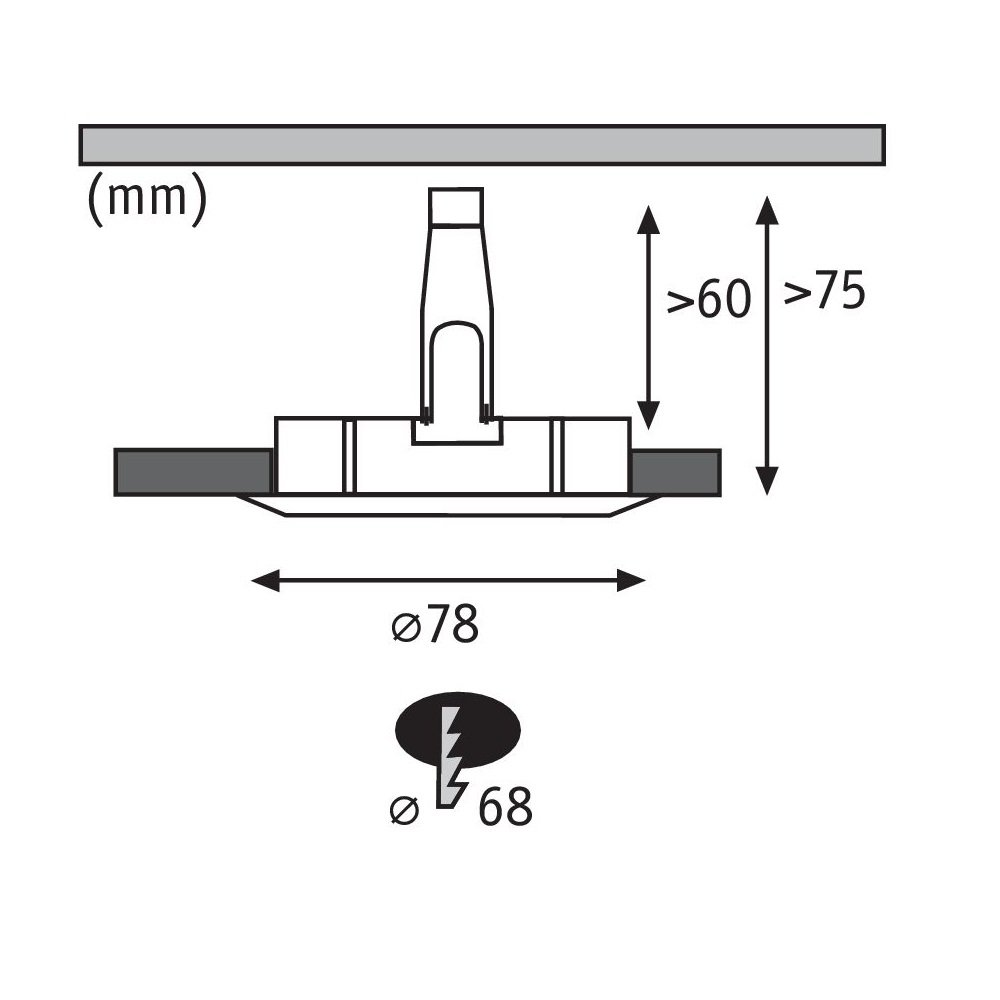 Diagramm der Deckenleuchteninstallation mit Maßen und einem Elektrosymbol.