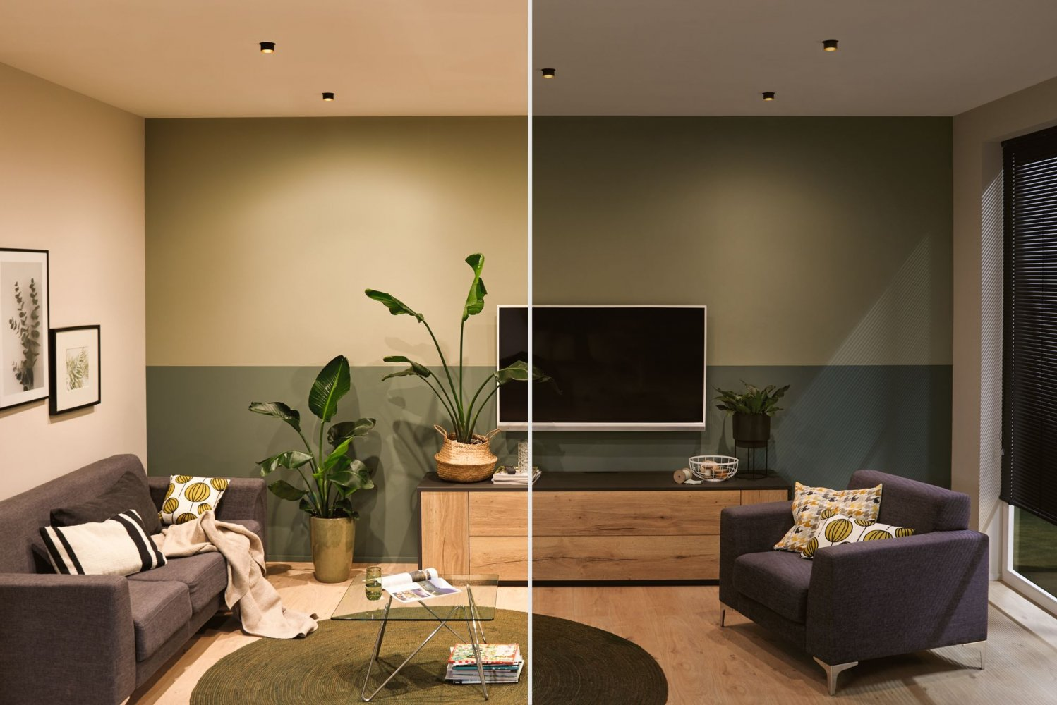 Wohnzimmer mit Sofa, Pflanzen und Einbauleuchten. Die Szene ist geteilt.