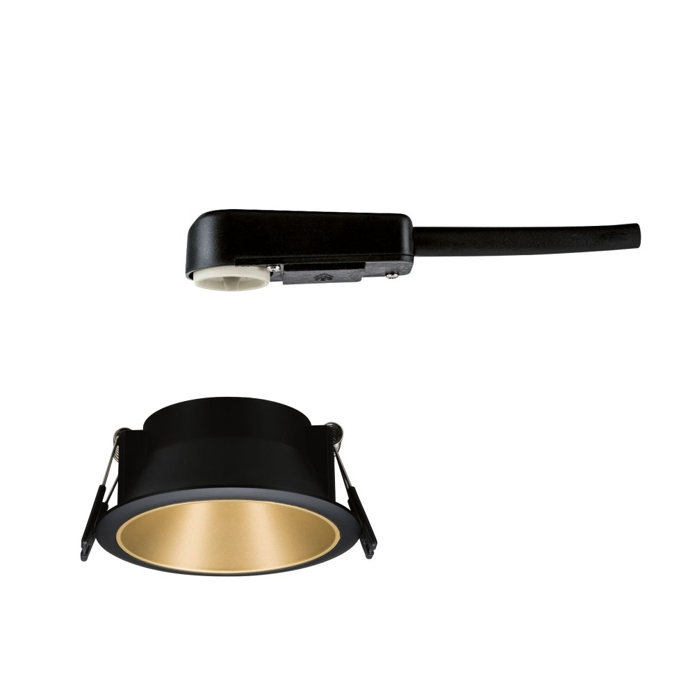 Due faretti neri e oro. Uno completamente assemblato, l'altro mostra la luce interna e un connettore. Sfondo bianco.