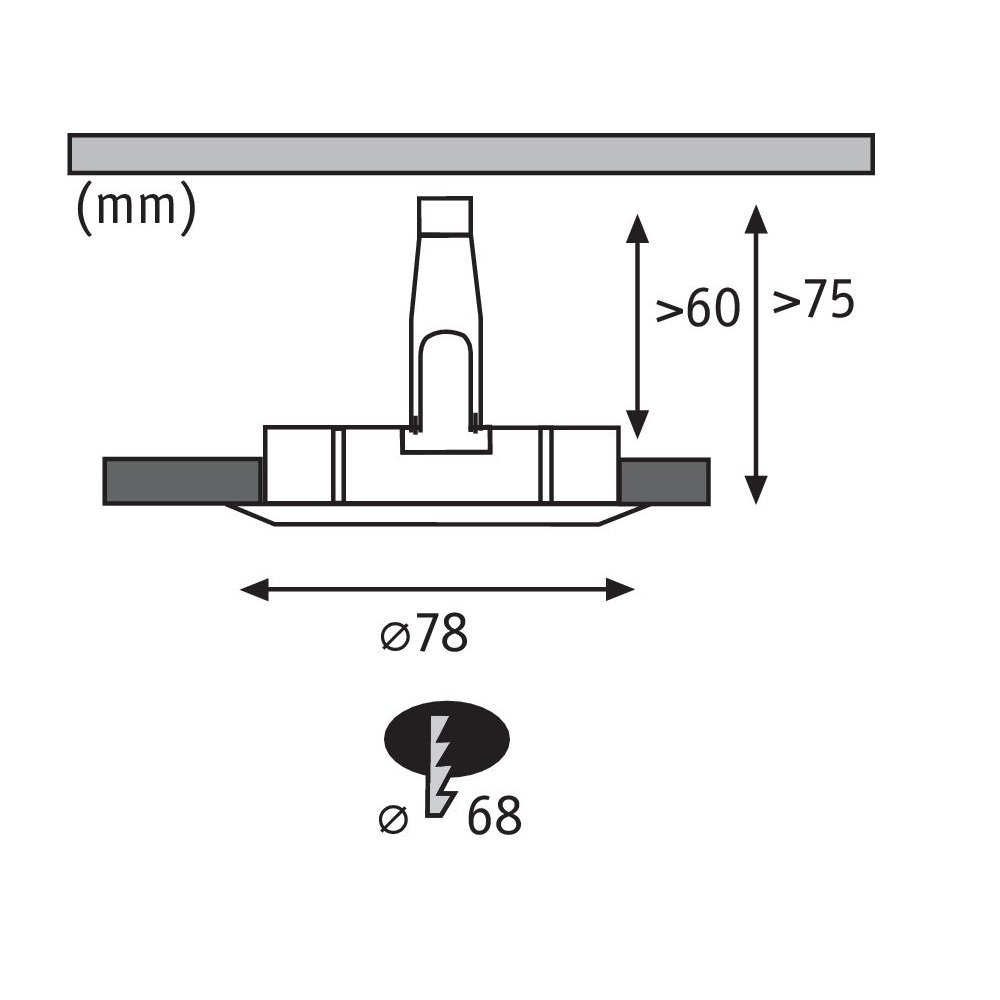 Diagramm einer Einbauleuchte. Zeigt Abmessungen, einschließlich Durchmesser und Höhe. Weißer Hintergrund.