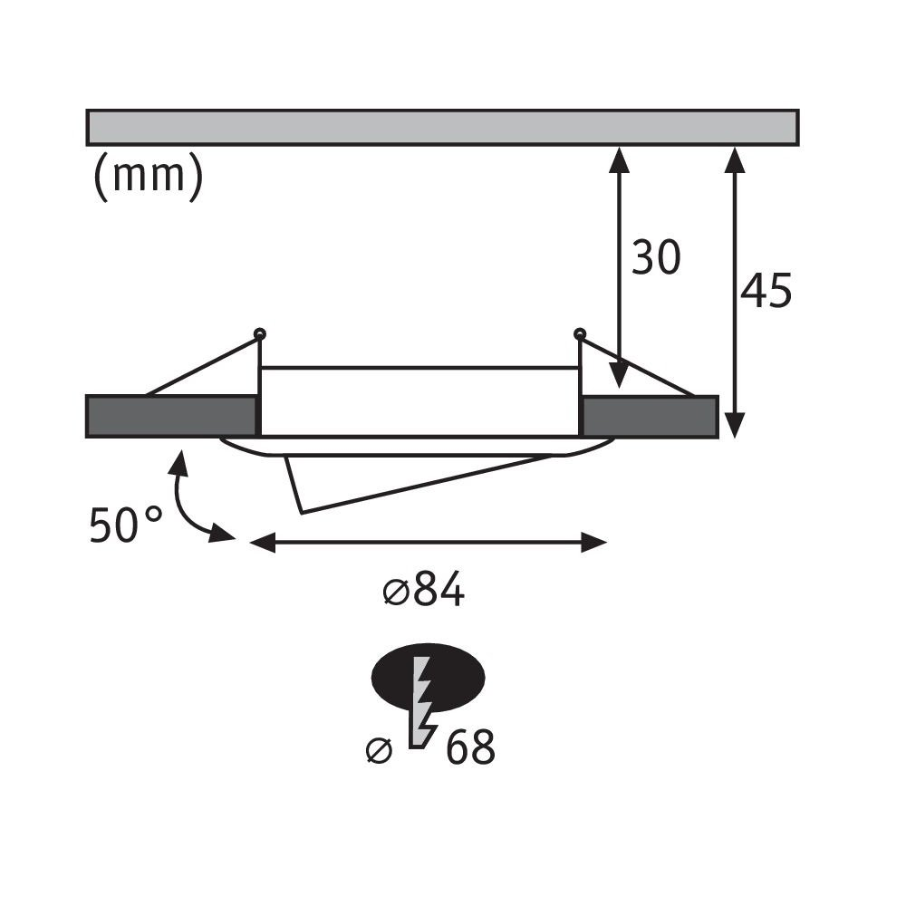 Diagramm einer Einbauleuchte mit Abmessungen und Winkeln. Maße sind in Millimetern angegeben.