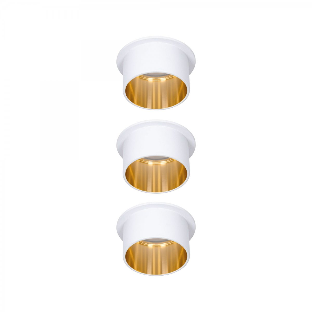Drei weiße Einbauleuchten mit goldenen Innenrändern.
