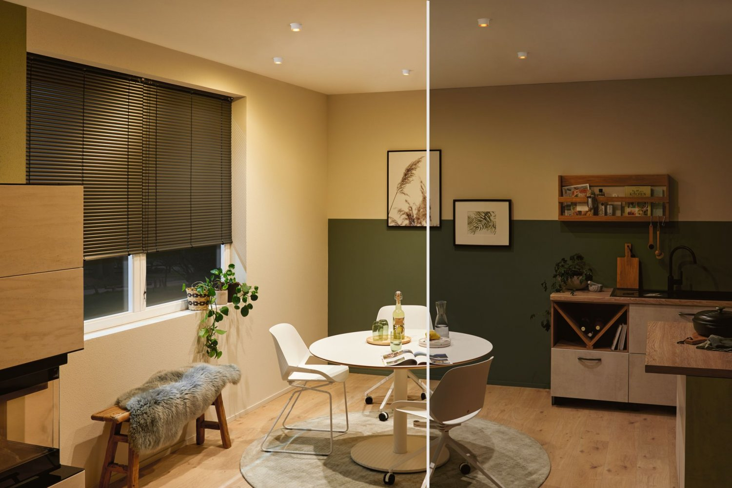 Innenraum mit rundem Tisch, Stühlen und Fenster. Der Raum ist mit unterschiedlicher Beleuchtung geteilt.