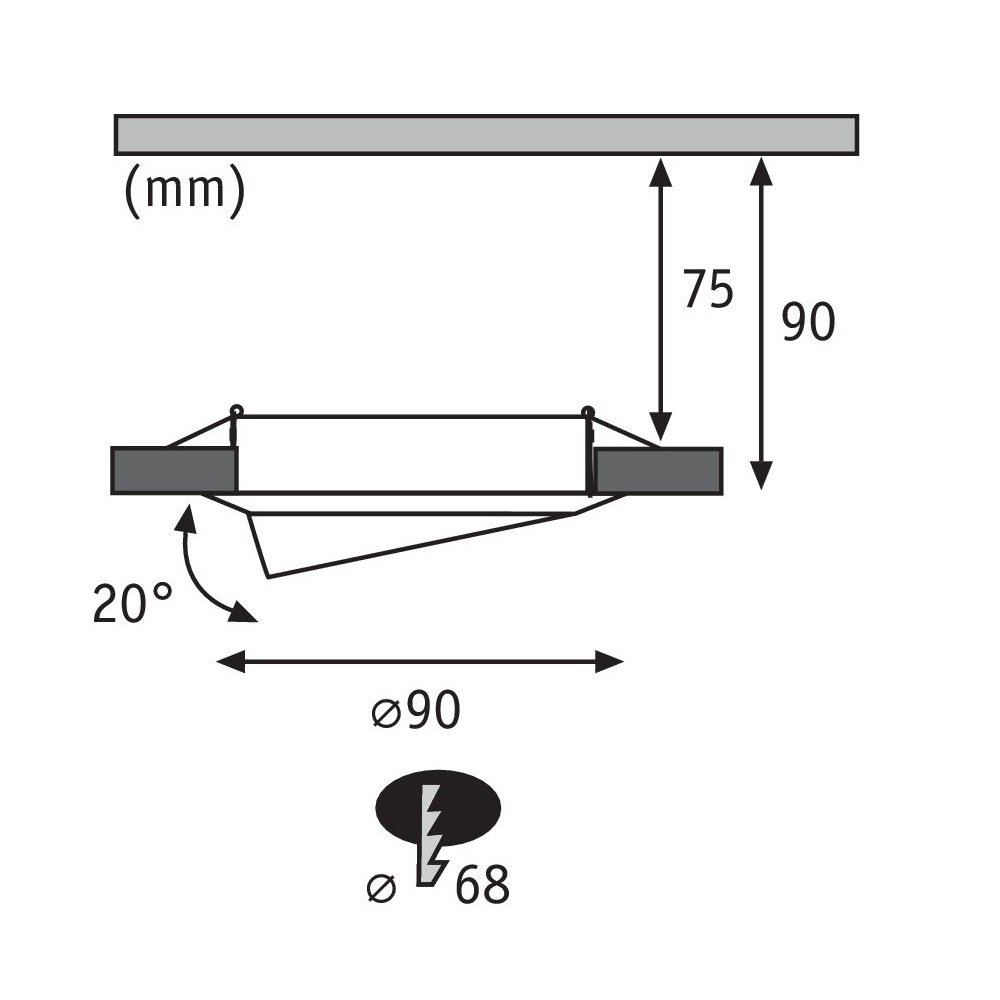 Diagramm einer Deckenleuchte mit Maßen und Winkeln, auf weißem Hintergrund.